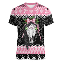 Anglesey Wales Christmas Women V-Neck T-Shirt Pink Mari Lwyd Welsh Celtic Knot - Wonder Print Shop