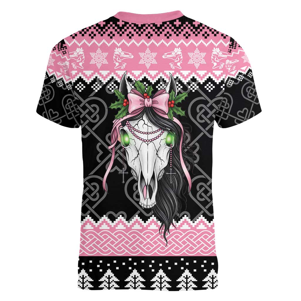 Anglesey Wales Christmas Women V-Neck T-Shirt Pink Mari Lwyd Welsh Celtic Knot - Wonder Print Shop