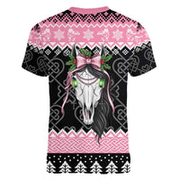 Anglesey Wales Christmas Women V-Neck T-Shirt Pink Mari Lwyd Welsh Celtic Knot - Wonder Print Shop