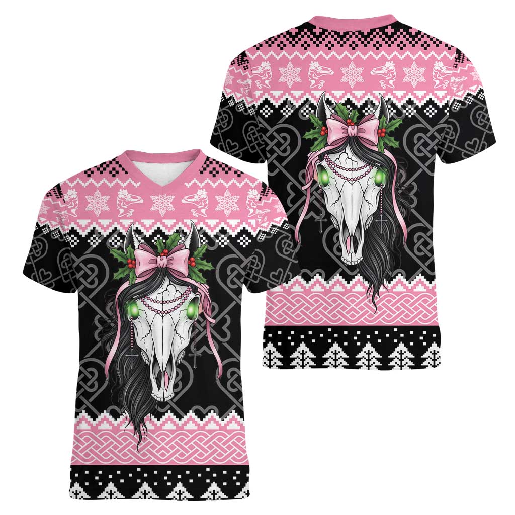 Anglesey Wales Christmas Women V-Neck T-Shirt Pink Mari Lwyd Welsh Celtic Knot - Wonder Print Shop