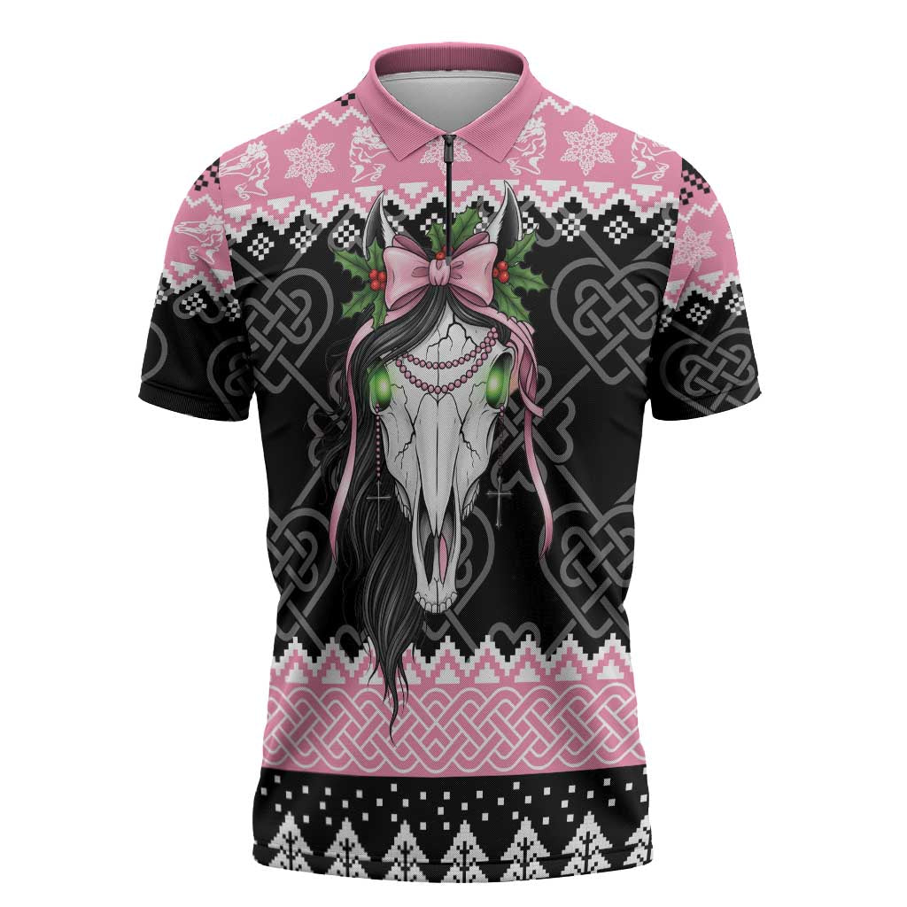 Anglesey Wales Christmas Zipper Polo Shirt Pink Mari Lwyd Welsh Celtic Knot - Wonder Print Shop