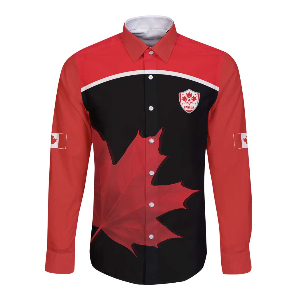 Personalized Canada Soccer Long Sleeve Button Shirt Maple Leaf and Map Style - Wonder Print Shop