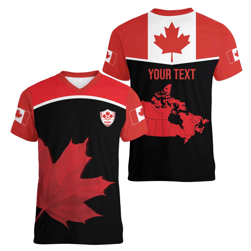 Personalized Canada Soccer Women V-Neck T-Shirt Maple Leaf and Map Style - Wonder Print Shop