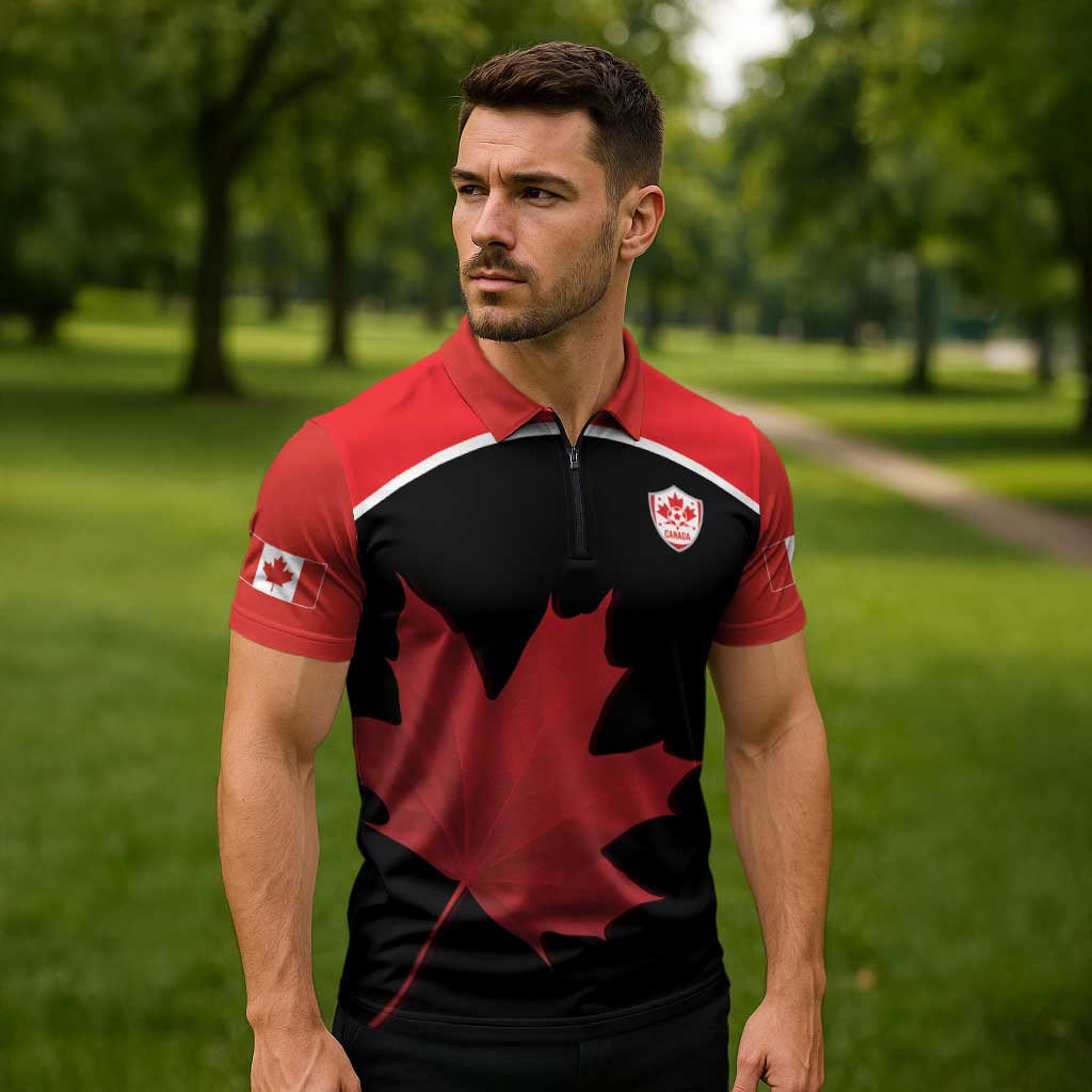 Personalized Canada Soccer Zipper Polo Shirt Maple Leaf and Map Style - Wonder Print Shop