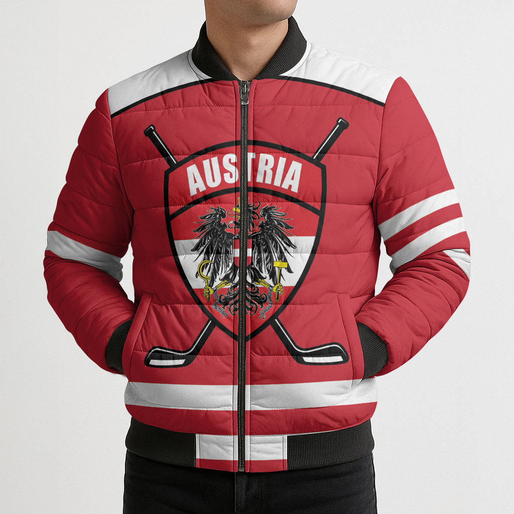 Austria Ice Hockey Custom Bomber Puffer Jacket Austrian Eagle Shield Red Version