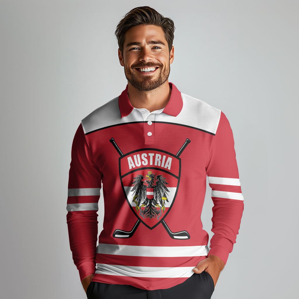 Austria Ice Hockey Custom Long Sleeve Polo Shirt Austrian Eagle Shield Red Version