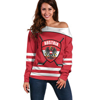 Austria Ice Hockey Custom Off Shoulder Sweater Austrian Eagle Shield Red Version