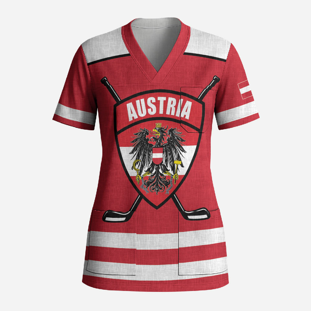 Austria Ice Hockey Custom Scrub Top Austrian Eagle Shield Red Version