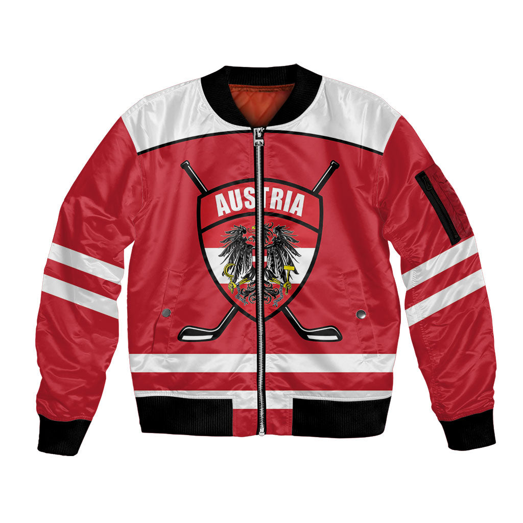 Austria Ice Hockey Custom Sleeve Zip Bomber Jacket Austrian Eagle Shield Red Version