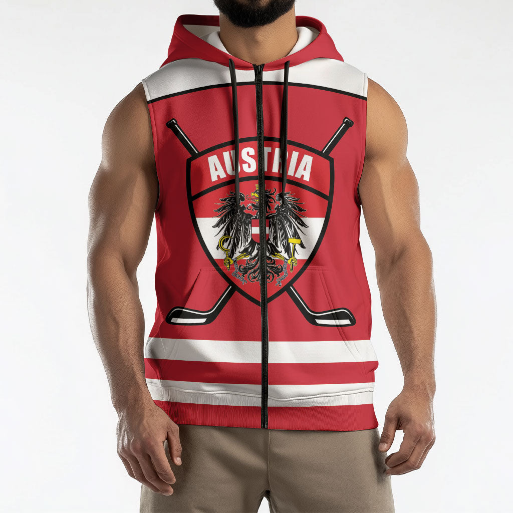 Austria Ice Hockey Custom Sleeveless Zip Hoodie Austrian Eagle Shield Red Version