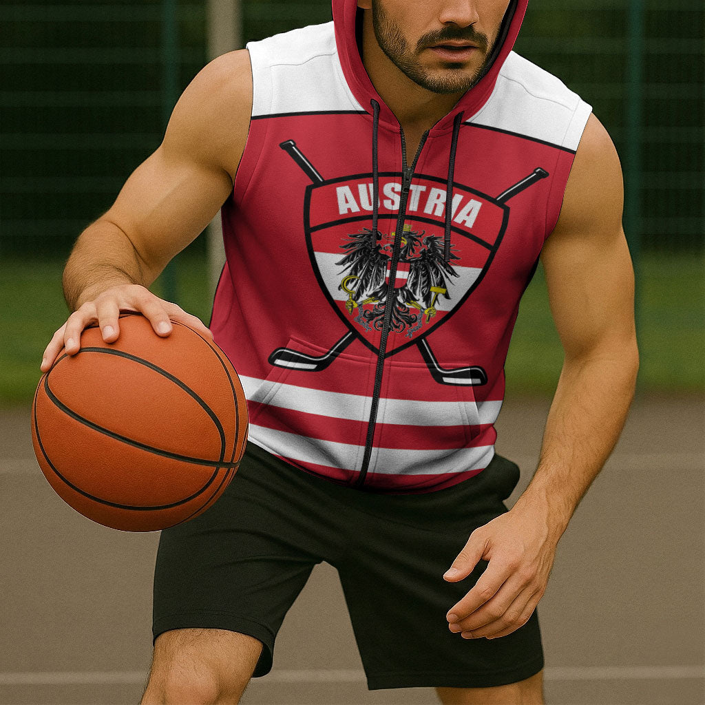 Austria Ice Hockey Custom Sleeveless Zip Hoodie Austrian Eagle Shield Red Version