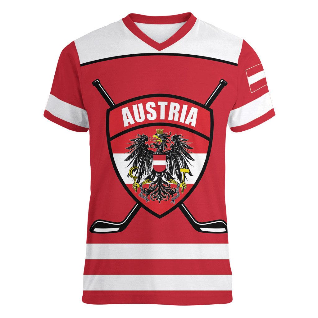 Austria Ice Hockey Custom Women V-Neck T-Shirt Austrian Eagle Shield Red Version