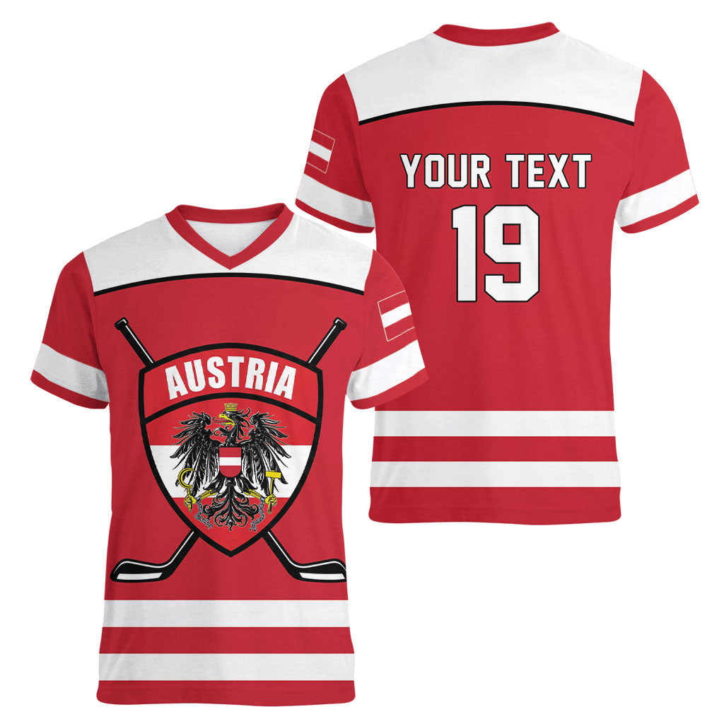 Austria Ice Hockey Custom Women V-Neck T-Shirt Austrian Eagle Shield Red Version