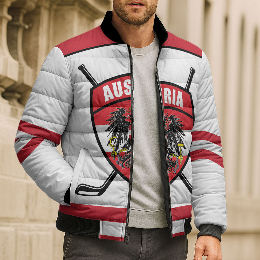 Austria Ice Hockey Custom Bomber Puffer Jacket Austrian Eagle Shield White Version