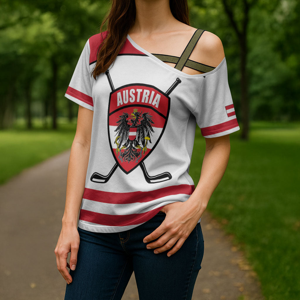 Austria Ice Hockey Custom Cross Shoulder Shirt Austrian Eagle Shield White Version