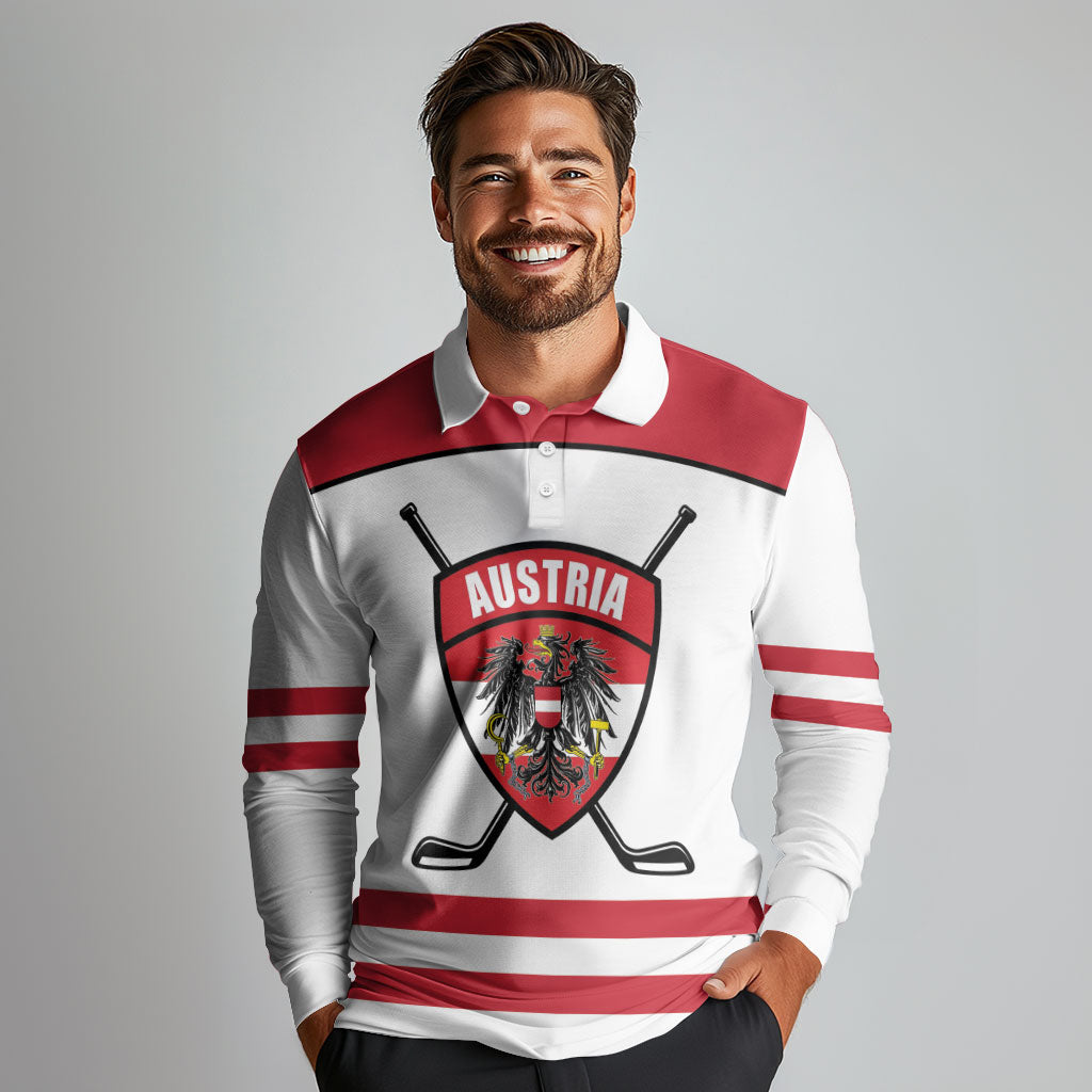 Austria Ice Hockey Custom Long Sleeve Polo Shirt Austrian Eagle Shield White Version
