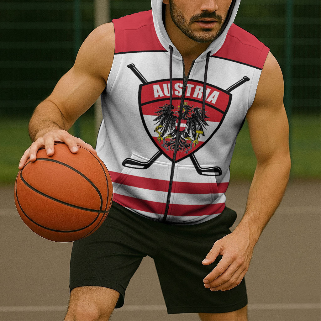 Austria Ice Hockey Custom Sleeveless Zip Hoodie Austrian Eagle Shield White Version