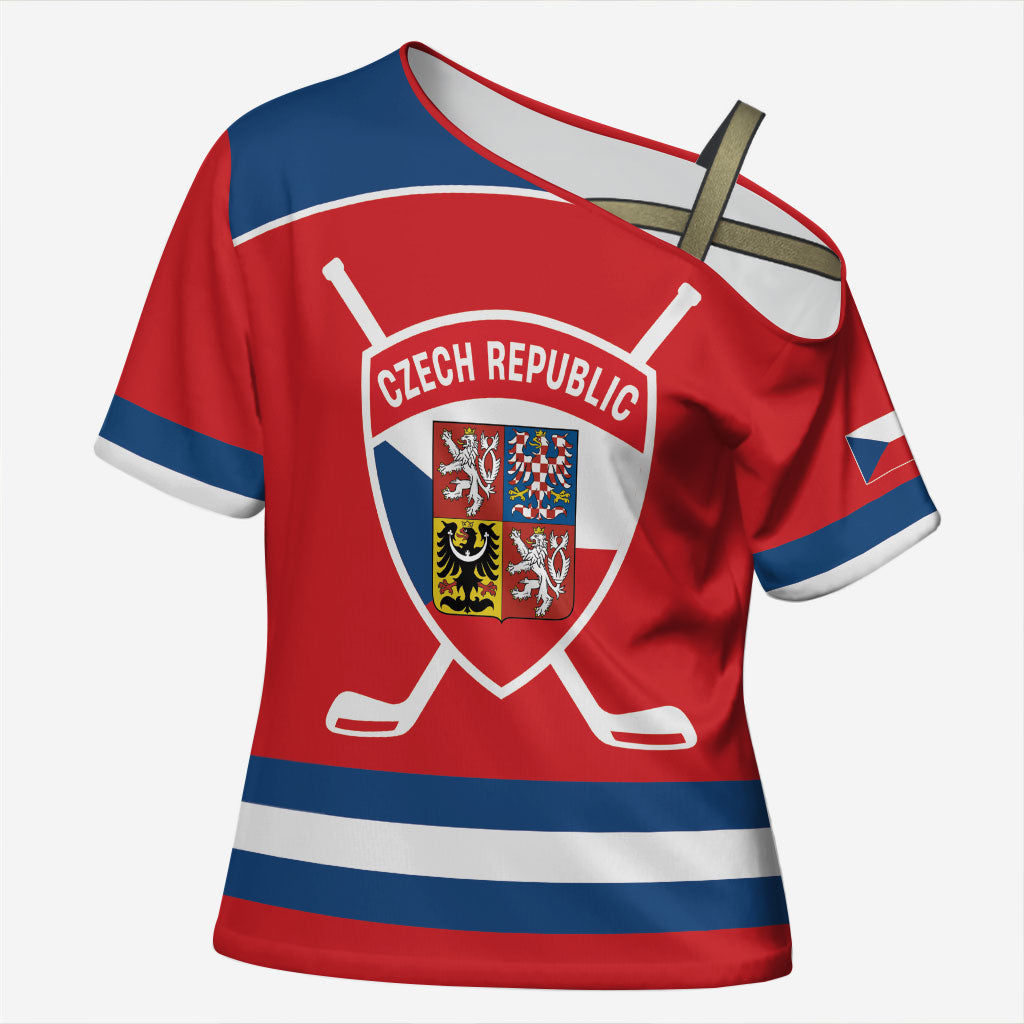 Czech Republic Ice Hockey Custom Cross Shoulder Shirt Czechia Lion Shield Red Version
