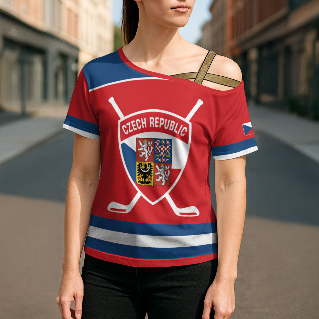Czech Republic Ice Hockey Custom Cross Shoulder Shirt Czechia Lion Shield Red Version