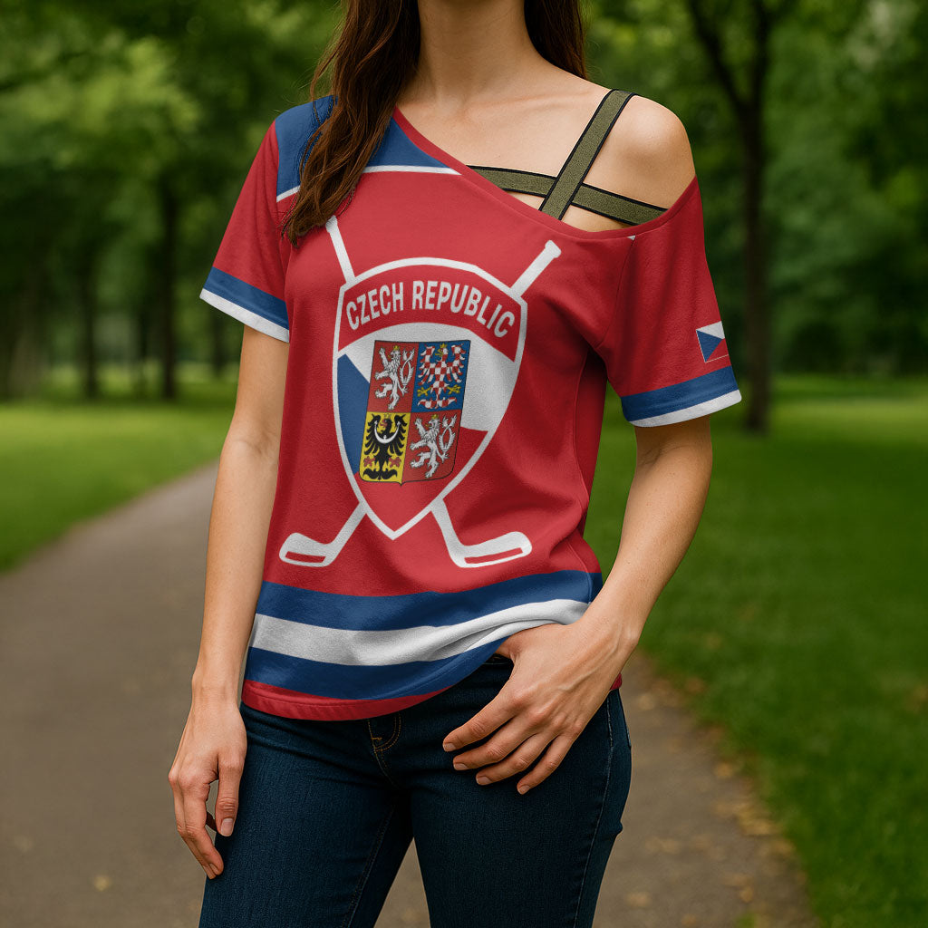 Czech Republic Ice Hockey Custom Cross Shoulder Shirt Czechia Lion Shield Red Version