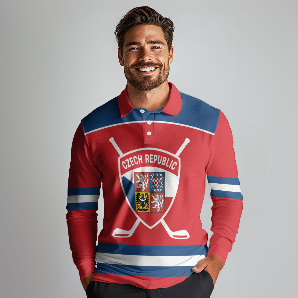 Czech Republic Ice Hockey Custom Long Sleeve Polo Shirt Czechia Lion Shield Red Version