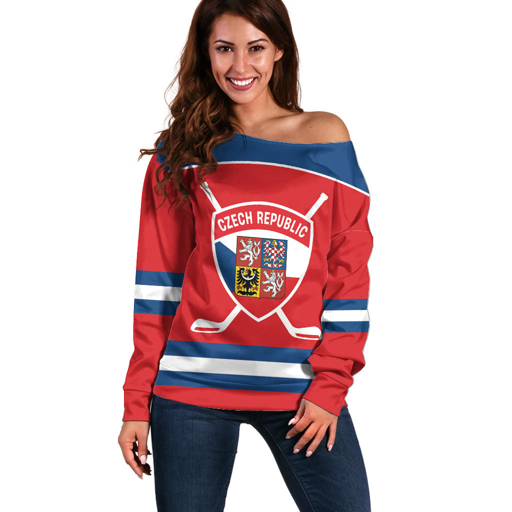 Czech Republic Ice Hockey Custom Off Shoulder Sweater Czechia Lion Shield Red Version