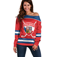 Czech Republic Ice Hockey Custom Off Shoulder Sweater Czechia Lion Shield Red Version