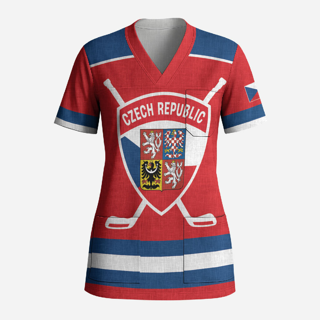 Czech Republic Ice Hockey Custom Scrub Top Czechia Lion Shield Red Version