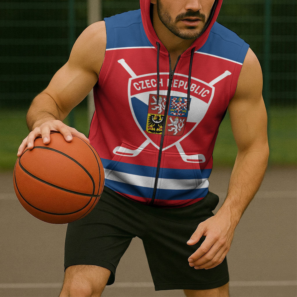 Czech Republic Ice Hockey Custom Sleeveless Zip Hoodie Czechia Lion Shield Red Version