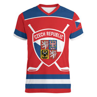 Czech Republic Ice Hockey Custom Women V-Neck T-Shirt Czechia Lion Shield Red Version