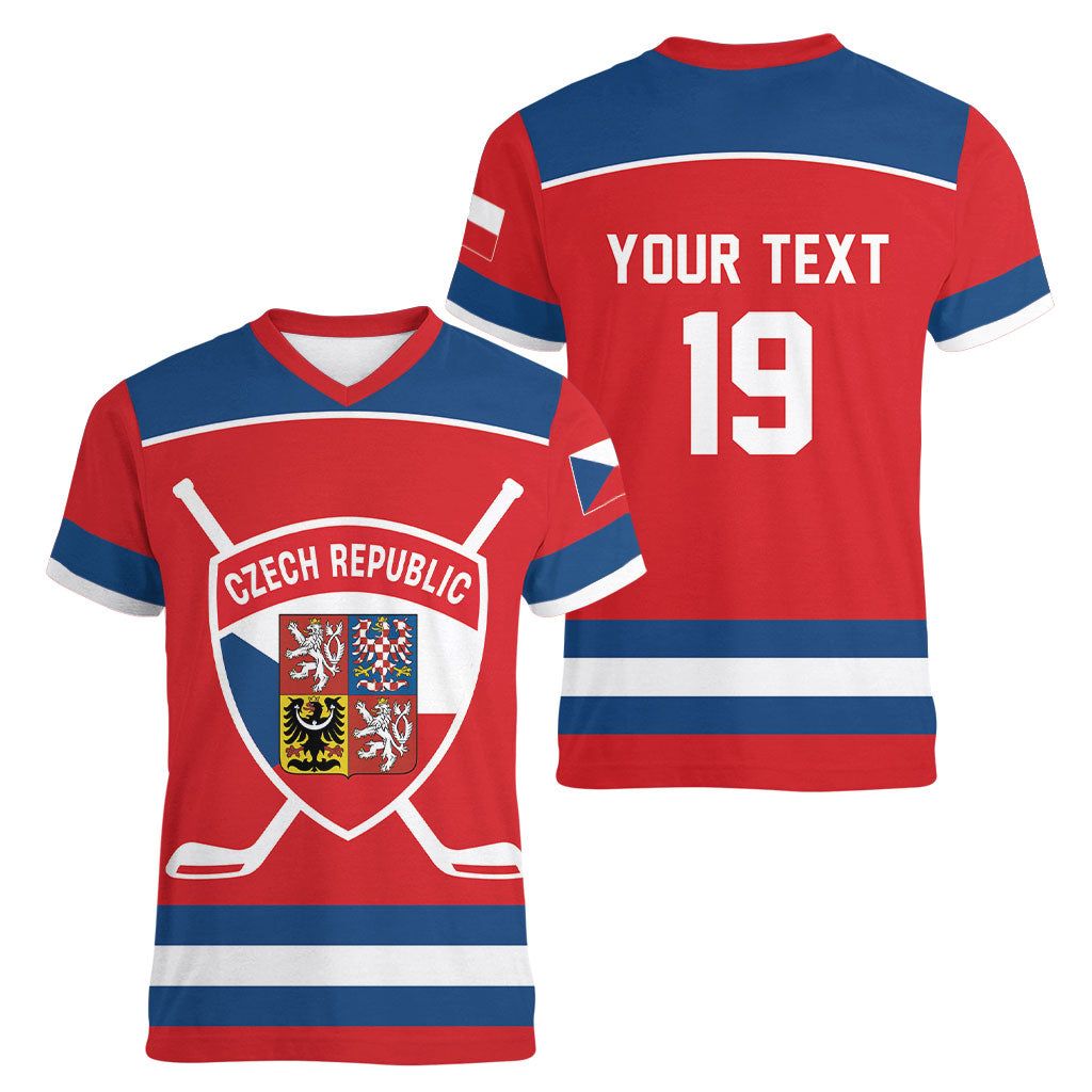 Czech Republic Ice Hockey Custom Women V-Neck T-Shirt Czechia Lion Shield Red Version