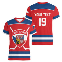 Czech Republic Ice Hockey Custom Women V-Neck T-Shirt Czechia Lion Shield Red Version