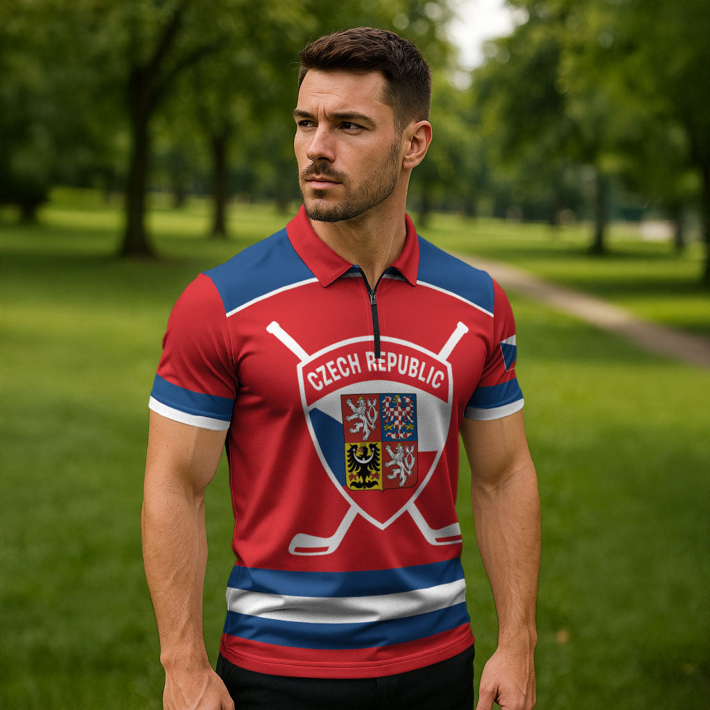 Czech Republic Ice Hockey Custom Zipper Polo Shirt Czechia Lion Shield Red Version