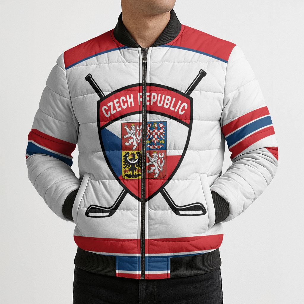Czech Republic Ice Hockey Custom Bomber Puffer Jacket Czechia Lion Shield White Version