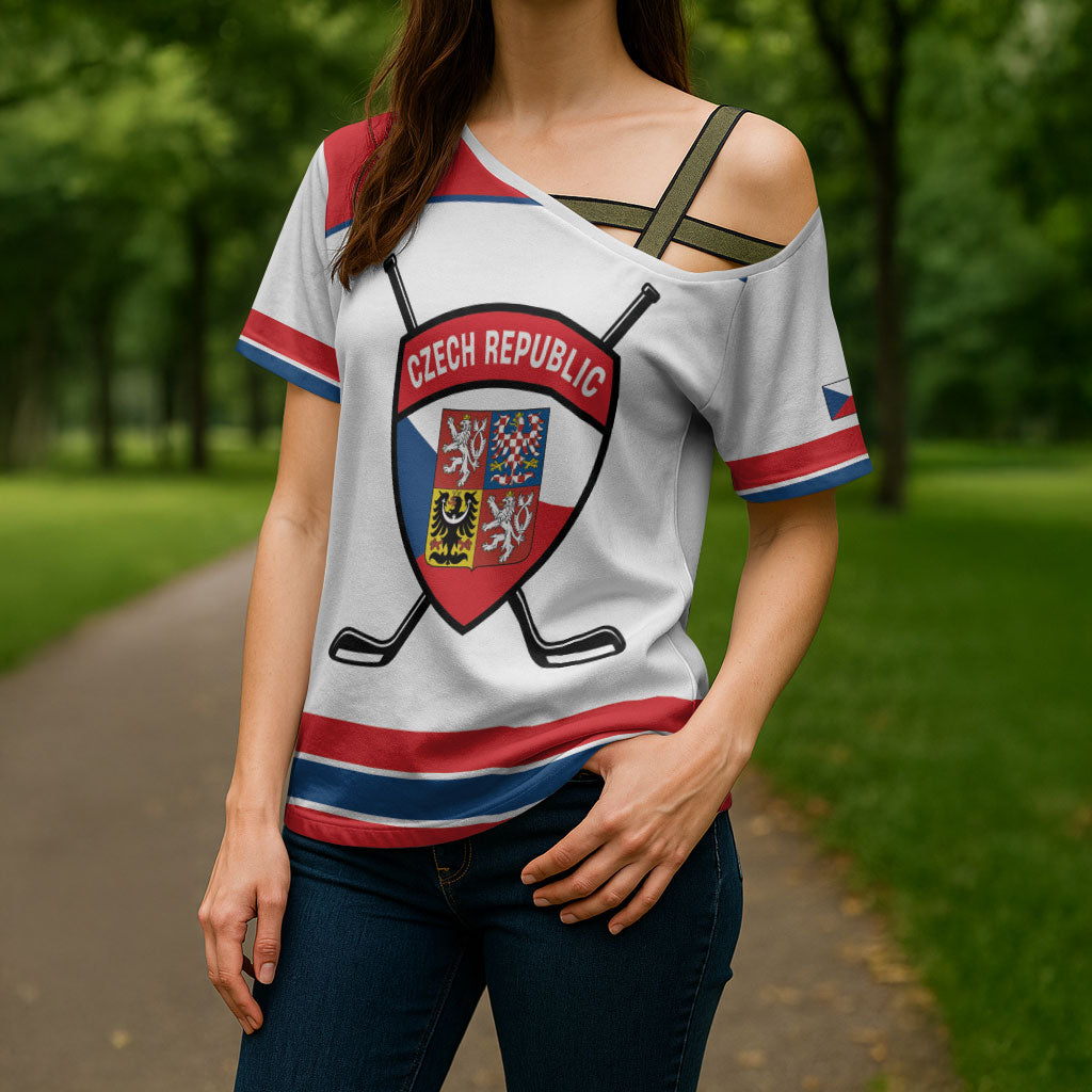 Czech Republic Ice Hockey Custom Cross Shoulder Shirt Czechia Lion Shield White Version