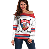Czech Republic Ice Hockey Custom Off Shoulder Sweater Czechia Lion Shield White Version