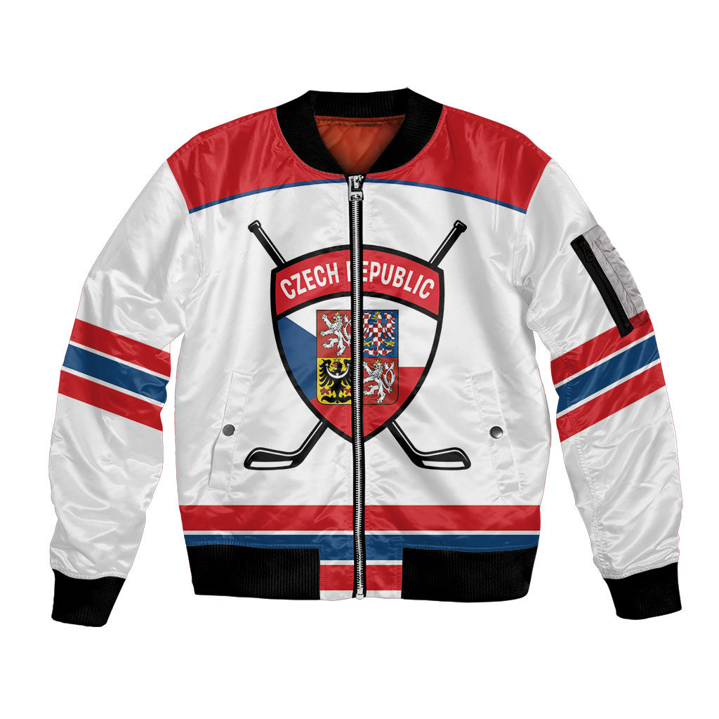 Czech Republic Ice Hockey Custom Sleeve Zip Bomber Jacket Czechia Lion Shield White Version