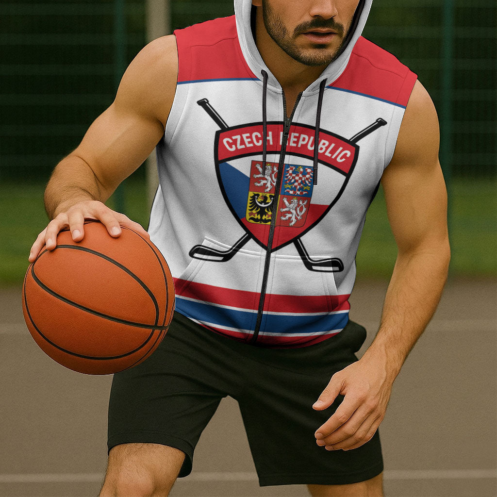 Czech Republic Ice Hockey Custom Sleeveless Zip Hoodie Czechia Lion Shield White Version