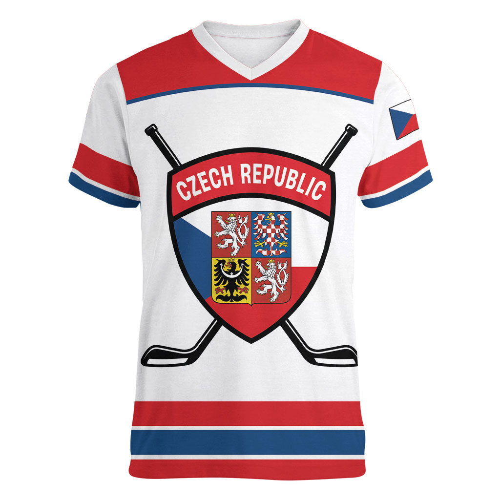 Czech Republic Ice Hockey Custom Women V-Neck T-Shirt Czechia Lion Shield White Version