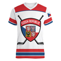 Czech Republic Ice Hockey Custom Women V-Neck T-Shirt Czechia Lion Shield White Version