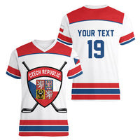Czech Republic Ice Hockey Custom Women V-Neck T-Shirt Czechia Lion Shield White Version