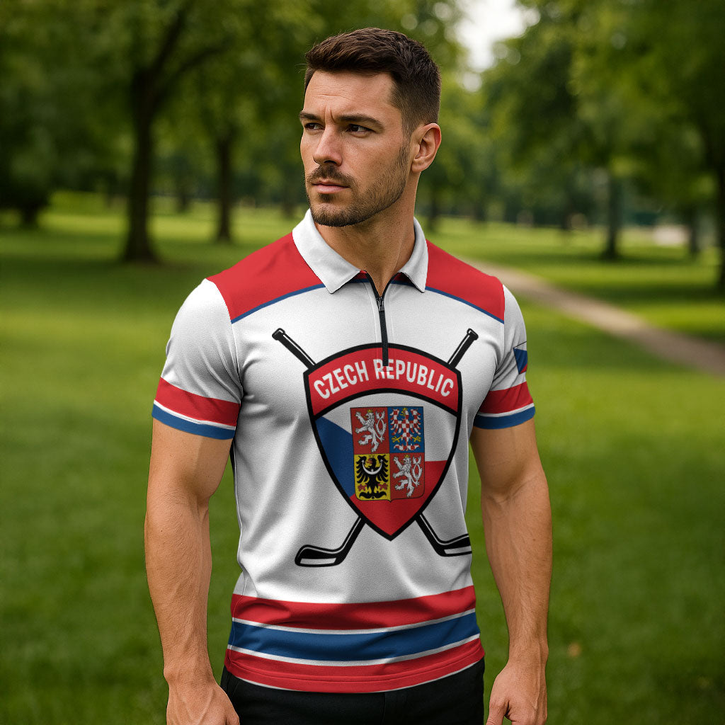 Czech Republic Ice Hockey Custom Zipper Polo Shirt Czechia Lion Shield White Version