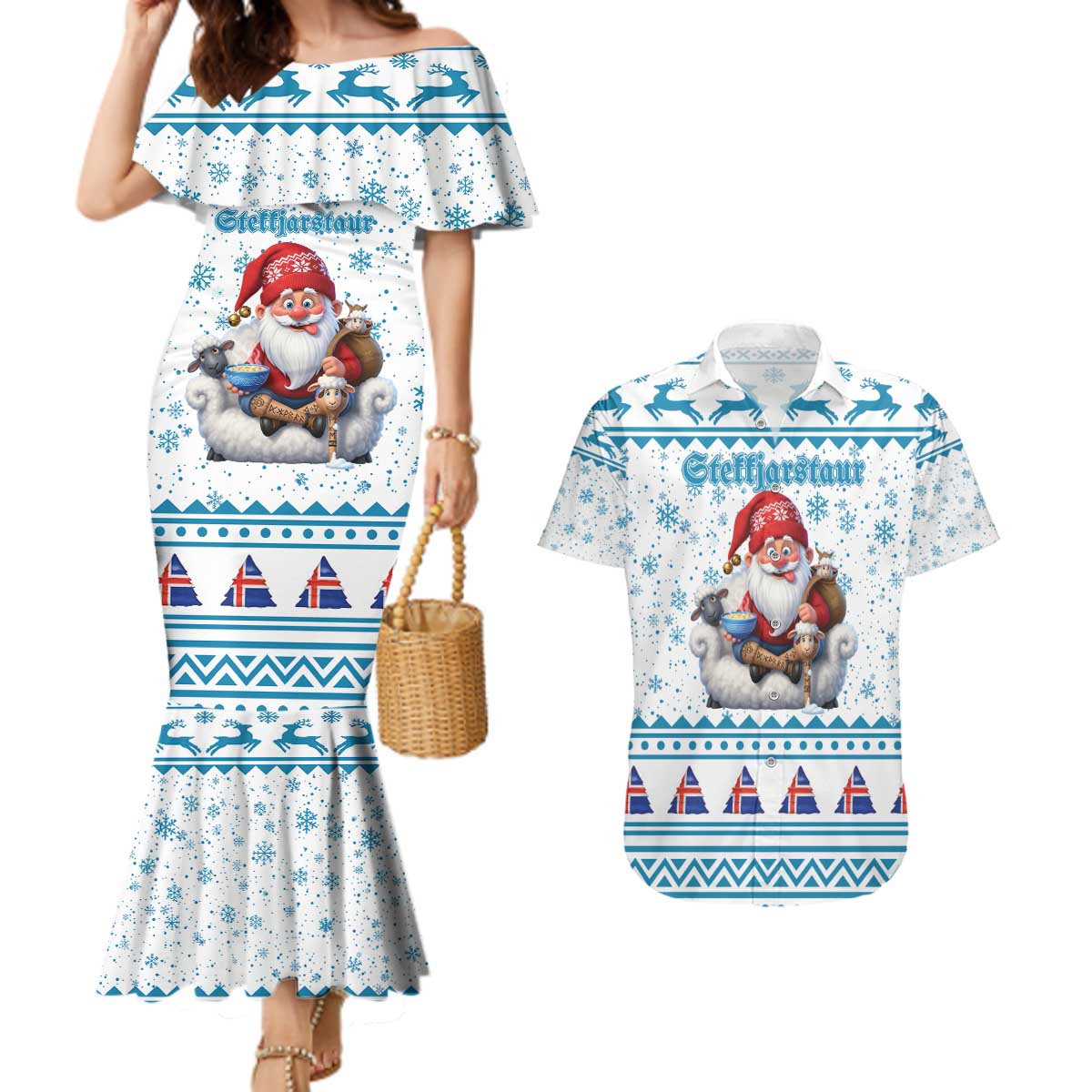 Iceland Christmas Couples Matching Mermaid Dress and Hawaiian Shirt Stekkjastaur Sheep-Cote-Clod LT19