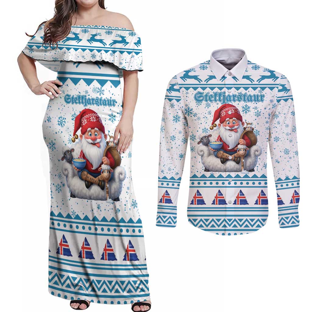 Iceland Christmas Couples Matching Off Shoulder Maxi Dress and Long Sleeve Button Shirt Stekkjastaur Sheep-Cote-Clod LT19