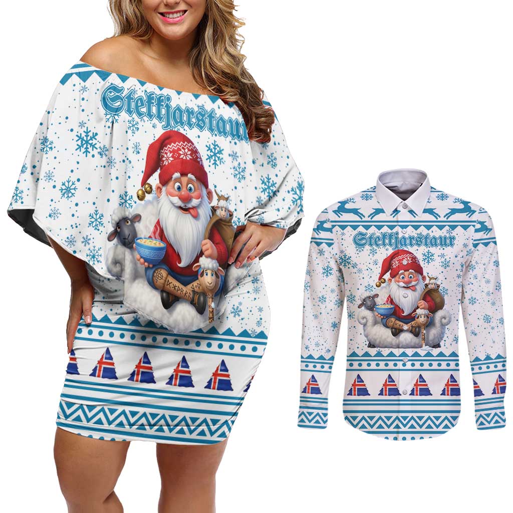 Iceland Christmas Couples Matching Off Shoulder Short Dress and Long Sleeve Button Shirt Stekkjastaur Sheep-Cote-Clod LT19
