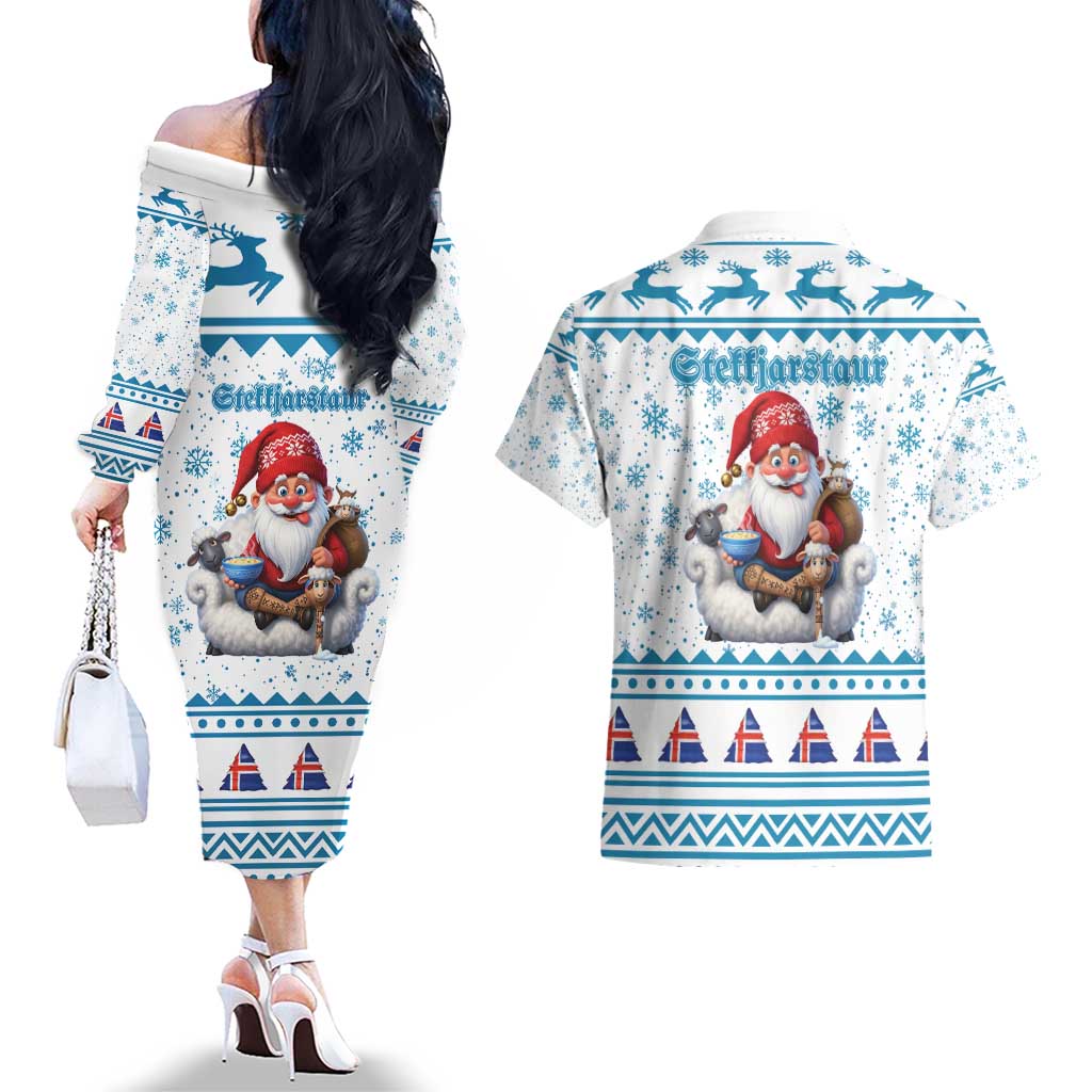 Iceland Christmas Couples Matching Off The Shoulder Long Sleeve Dress and Hawaiian Shirt Stekkjastaur Sheep-Cote-Clod LT19