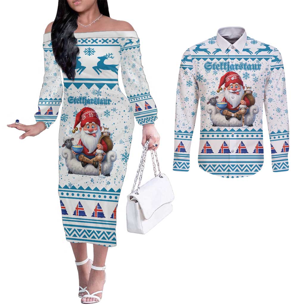 Iceland Christmas Couples Matching Off The Shoulder Long Sleeve Dress and Long Sleeve Button Shirt Stekkjastaur Sheep-Cote-Clod LT19