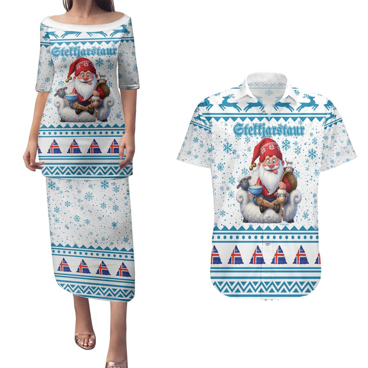 Iceland Christmas Couples Matching Puletasi and Hawaiian Shirt Stekkjastaur Sheep-Cote-Clod LT19