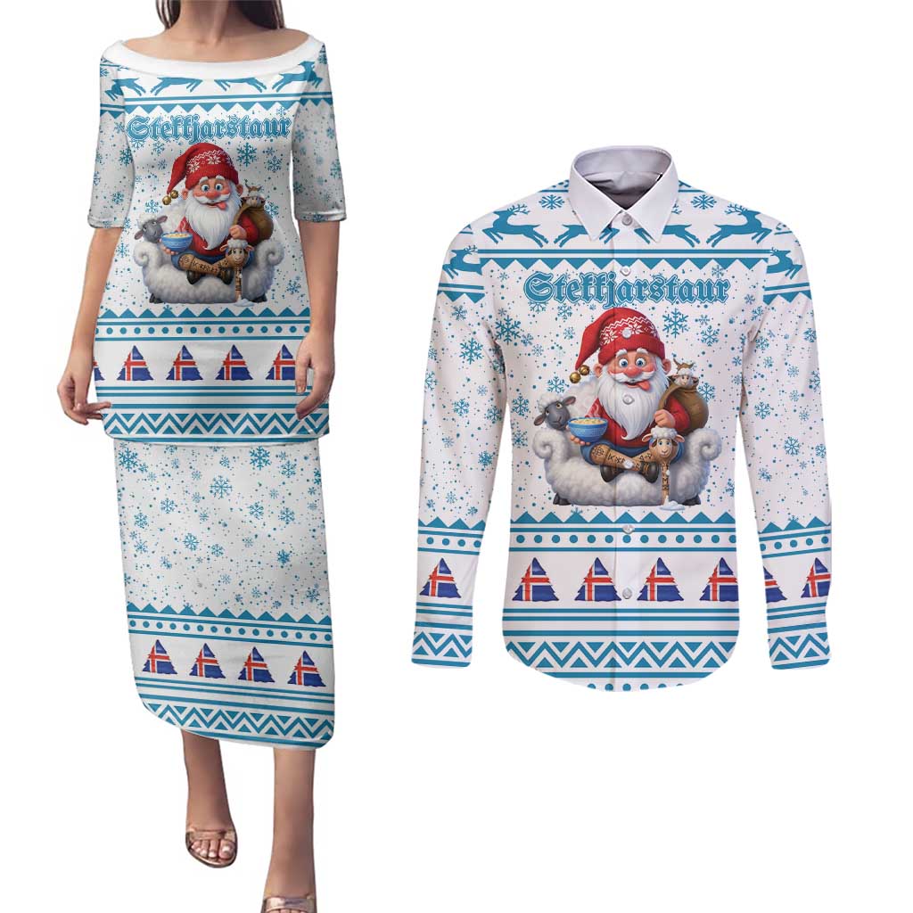Iceland Christmas Couples Matching Puletasi and Long Sleeve Button Shirt Stekkjastaur Sheep-Cote-Clod LT19
