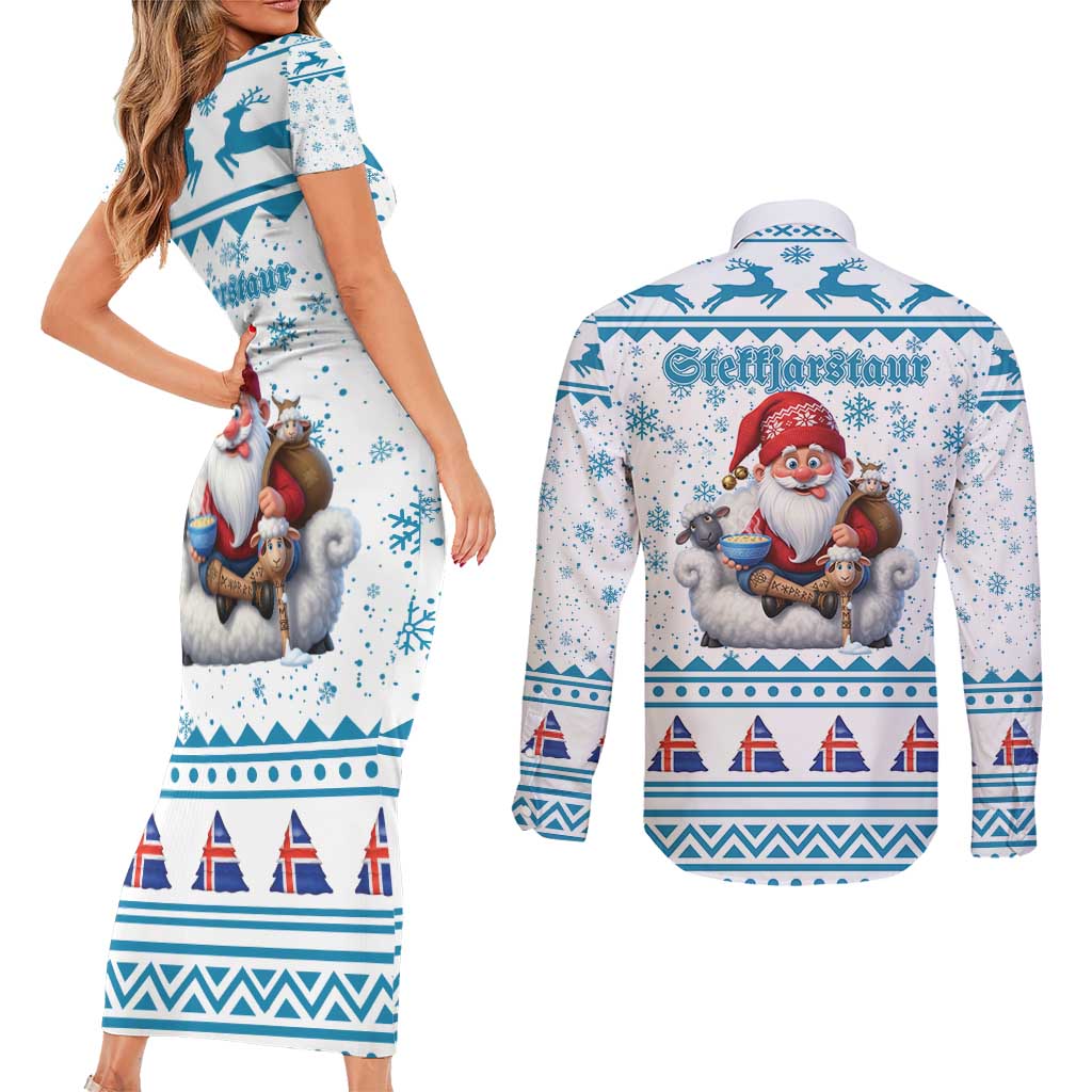 Iceland Christmas Couples Matching Short Sleeve Bodycon Dress and Long Sleeve Button Shirt Stekkjastaur Sheep-Cote-Clod LT19